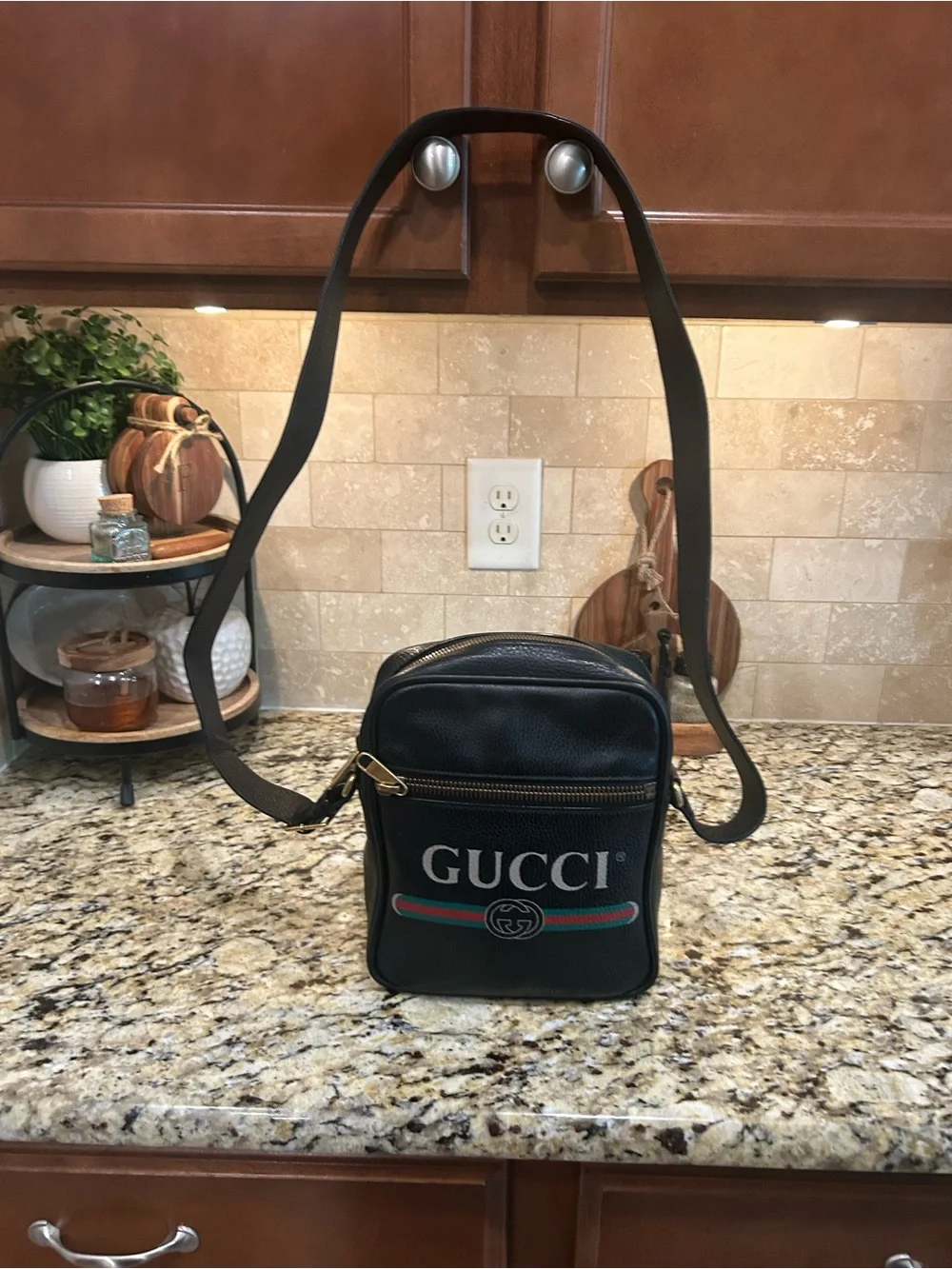 Gucci Black Logo Shoulder Bag Men's Adjustable Strap Designer Brass Hardware coa